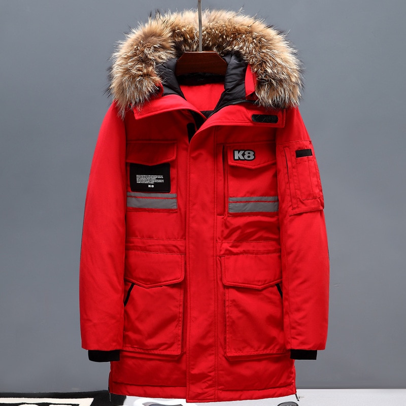 해외]러시아 브랜드 따뜻한 모피 칼라 롱 다운 자켓 남성용, 두꺼운 화이트 오리털 파카 코트, 겨울